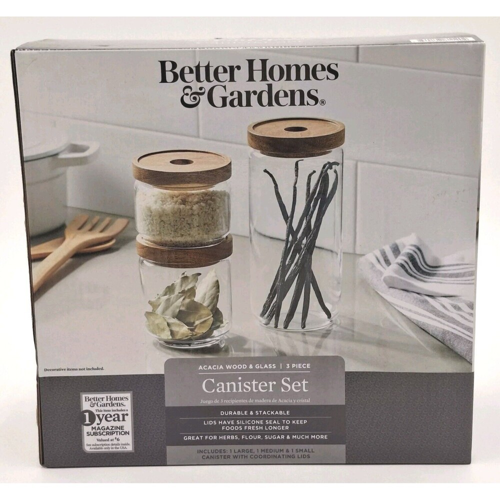 Better Homes & Gardens 3 Glass Canister Set Acacia Wood Lids With Silicon Seals